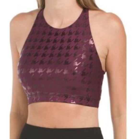PELOTON Show Up Foil Houndstooth High Neck Bra Sz XS Plum - Picture 4 of 7